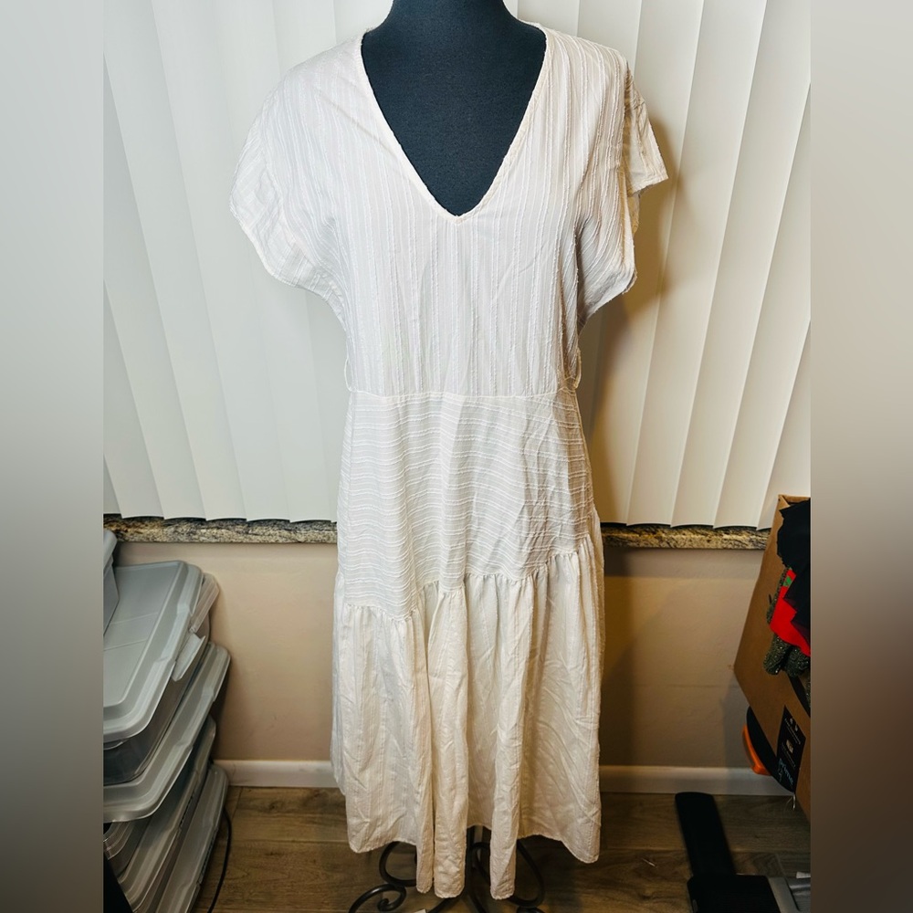 Zara Premium Denim Collection Bone White Cotton Low Waist Maxi Dress Size Large